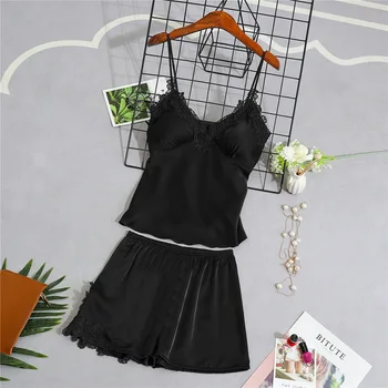 

Silk-Like Pyjamas Casual Lace Suspenders Sexy Nightdress Sleepwear Pants Short Sleeve Two-piece Suit Plus size