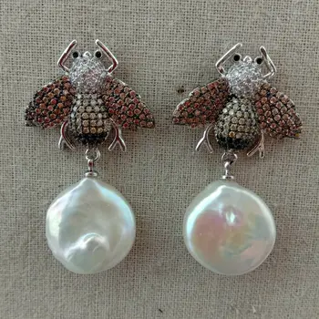 

White Coin Keshi Pearl Cz Pave Bee Stud Earrings