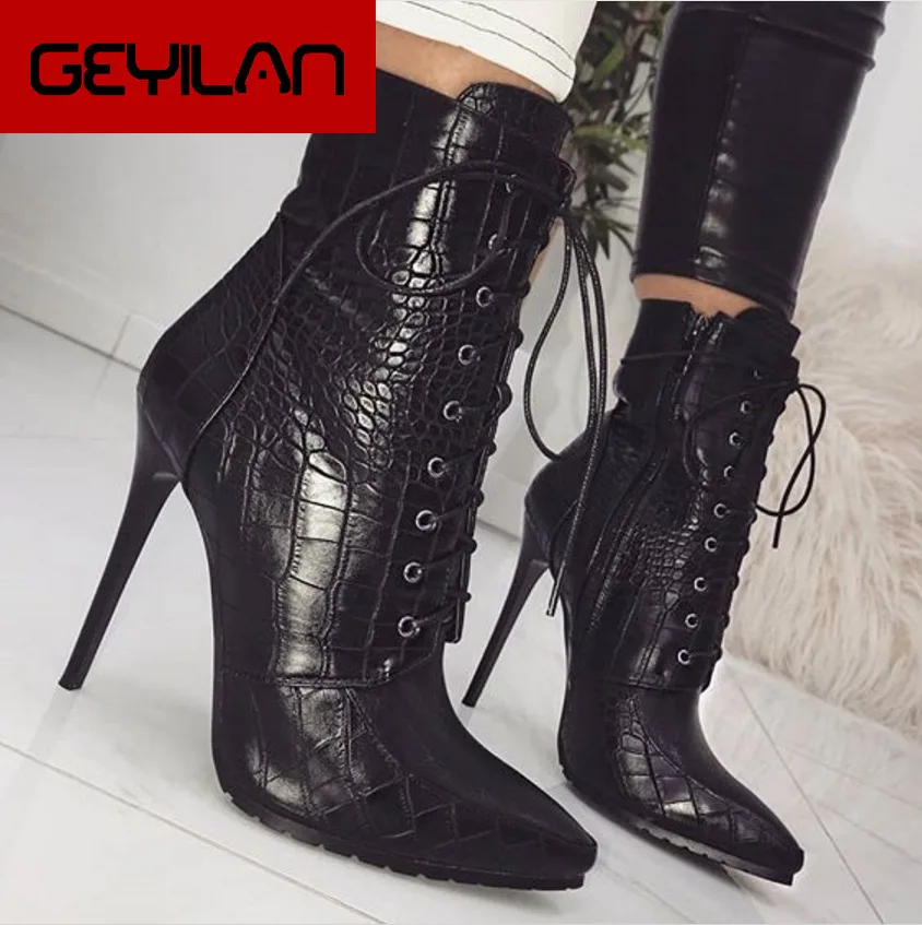 

Snakeskin grain Ankle Boots For Women High heels Fashion Pointed toe Ladies Sexy shoes New Lace-Up Boots 2019