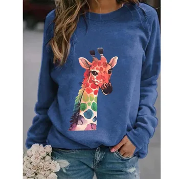 

Harajuku Style Women Tops Plus Size Women Cartoon Giraffe Printed Sweatershirt Female O Neck Loose Streetwear Tops Ropa Mujer