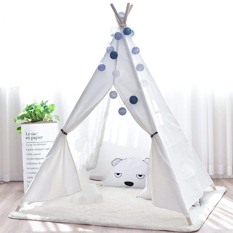 Большой Холщовый вигвам палатка для детей Teepee Tipi с серыми помпонами индийская