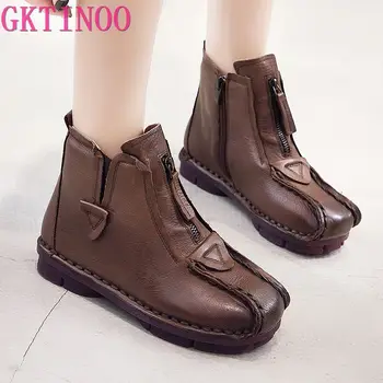 

GKTINOO Genuine Leather Shoes Women Boots 2020 Autumn Winter Vintage Handmade Ankle Boots Soft Casual Flat Heels Shoes Woman