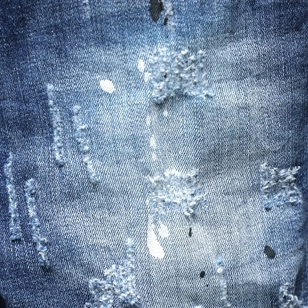 EH·MD® Claw Pattern Ripped Jeans Men's Inkjet White Dots Cat Whisker Slim Cotton Red Ears Soft Stretch Beggar Pants Reflective