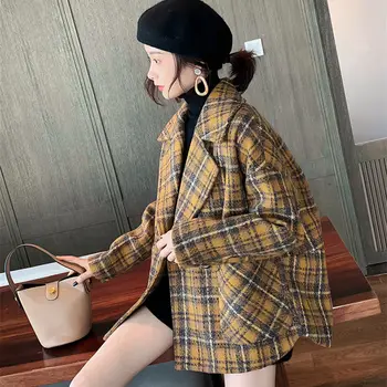 

Plaid Woolen Coat Female 2019 Autumn Winter Loose Popular Korean Version Of Retro Small Thickened Tweed Coat