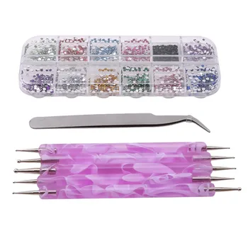 

New Charm Rhinestone Jewelry+Tweezers Suit Nail Art Decor+5pcs Nail Art Dotting Pen 12 Mixed Colors Wheel Design 3D Nail Art Tip
