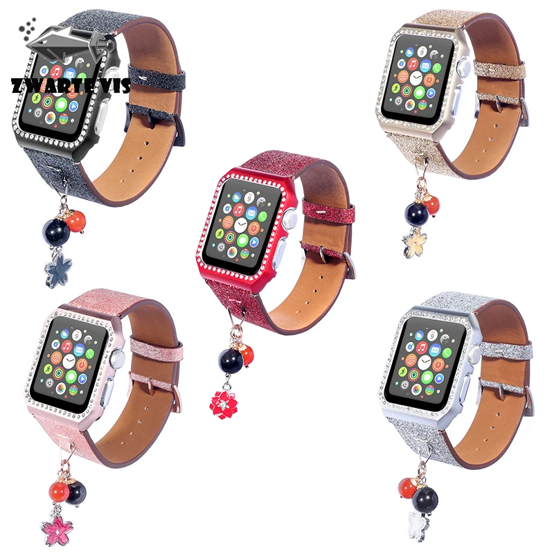 For Apple Watch 5 Smart Watch watch5 4 3 2 1 Generation Glitter Sequin For Apple Strap Star Ball Charm Leather For Apple Strap