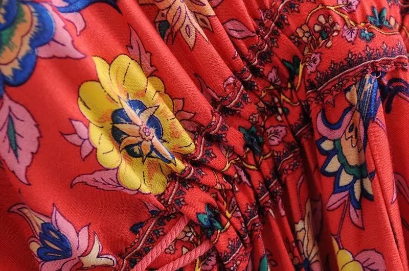 Женское длинное платье с цветочной птицей, винтажное летнее сексуальное платье с v-образным вырезом и коротким рукавом, Женское Платье макси с красным принтом в стиле бохо хиппи