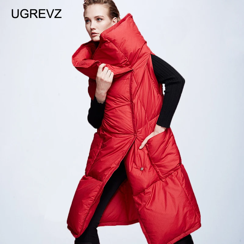 

UGREVZ New 90% White Duck Down Jacket Women Winter Vest Solid Sleeveless Shawl Goose Feather Coat Long Waistcoat 2019 Plus Size