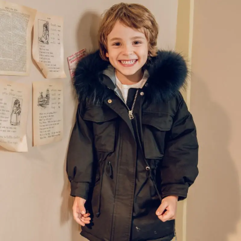 Новинка года, зимняя детская одежда Детский теплый пуховик с хлопковой подкладкой для мальчиков, длинное пальто для маленьких мальчиков