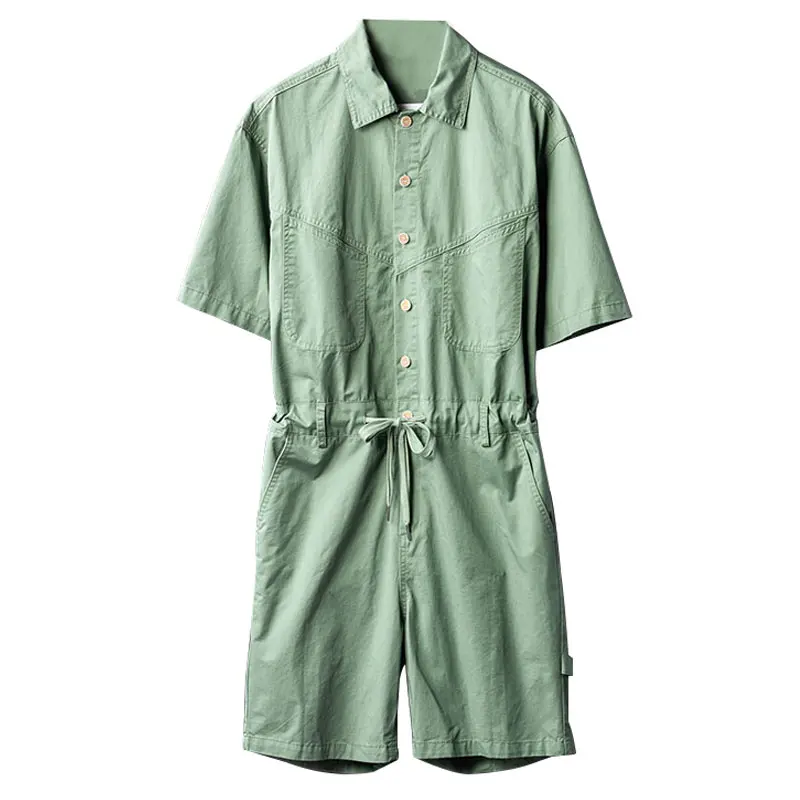 

2021 Summer Short Sleeve Jumpsuit Men Overalls Lapel Solid Color Buttons Drawstring Tie Waist Fashion Gray Green Shorts Pants