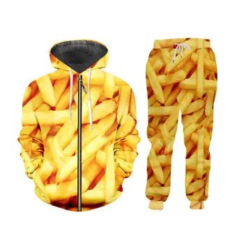 

Luxury 3d Gold french fries Print Sportswear Mens Set Fall Winter Zip up Hoodies Sweatshirt Joggers Pants 2Pcs Suit Custom S-6XL