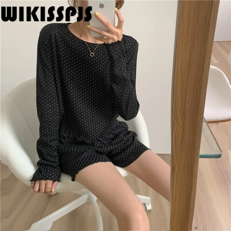 

2022Summer New Style Girls Long Sleeve Shorts Comfortable Wave Point Niche Home Wear Lounge Wear Two Piece Set Black pajamas