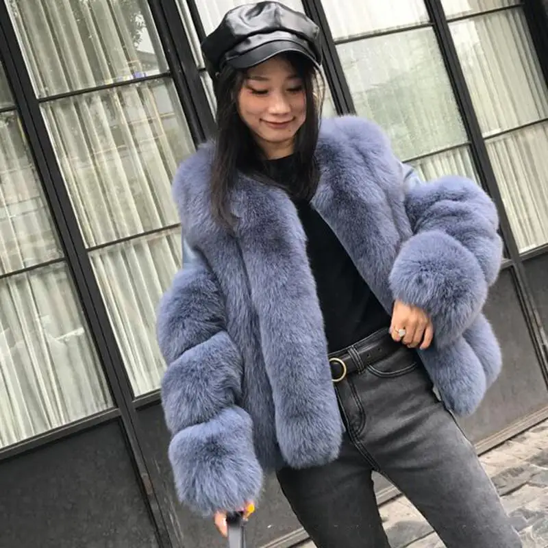 blue Новинка, женское плотное теплое пальто из натурального Лисьего меха, Тонкая зимняя куртка из натурального меха, модная верхняя одежда из натурального Лисьего меха, женская одежда E05 - Цвет: blue