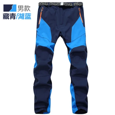 Теплые походные брюки для зимней рыбалки, водонепроницаемые походные уличные лыжные штаны-30 градусов, охотничьи флисовые брюки, треккинговые Hombre - Цвет: Синий