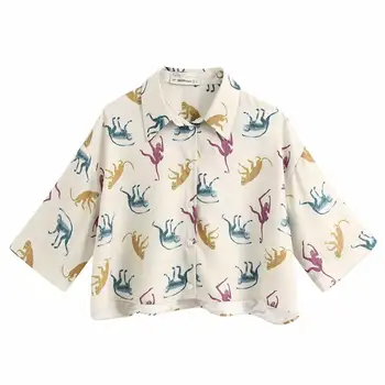 

Women turn down collar colorful monkeys print casual smock blouse ladies chic kimono style chemise femininas shirts tops LS6371