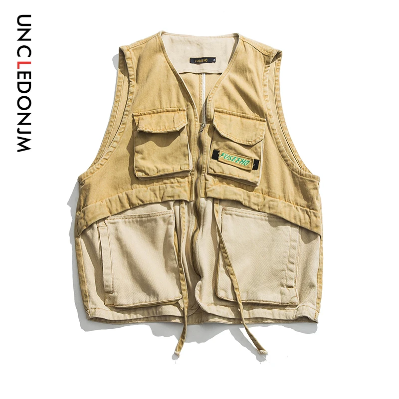 

UNCLEDONJM High Street Sleeveless Vests Mens Cargo Waistcoat Pockets Military Jacket New Design Loose Zipper Tactical Vest MJ02