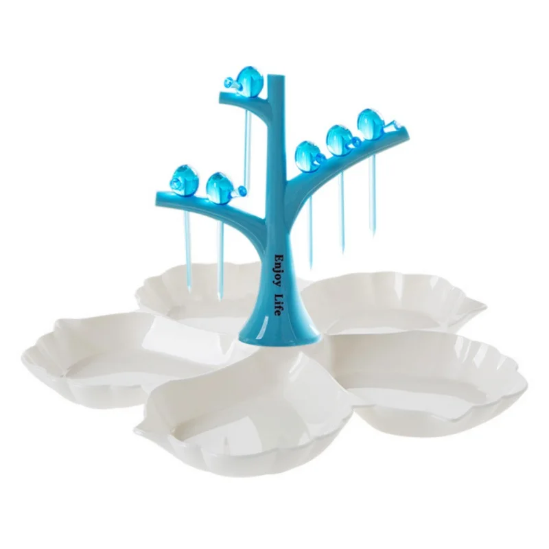 Креативная Фруктовая тарелка в форме цветка и дерева с 5 отделениями, вилка с птицей, пластиковый поднос для пирога, закуски, прочные вечерние десерты