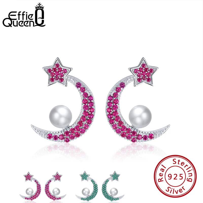 

Effie Queen Trendy Top Grade Simulated Pearl Moon Star Stud Earring 925 Silver AAAA Zircon Earrings Jewelry Party Gift BE255