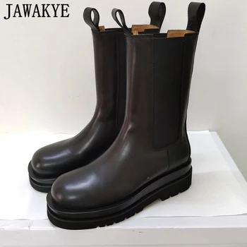 

Genuine Leather Elastic Band Chelsea Boots Flat Platform Round Toe Shoes Women's Winter Ankle Boots Unisex Lover's Shoes