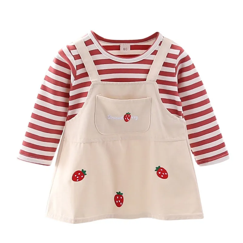 

Autumn Children'S Clothing New Girls Long-Sleeved Dress Striped Strawberry Fake Two-Piece Bow Baby Kids Cotton Dress