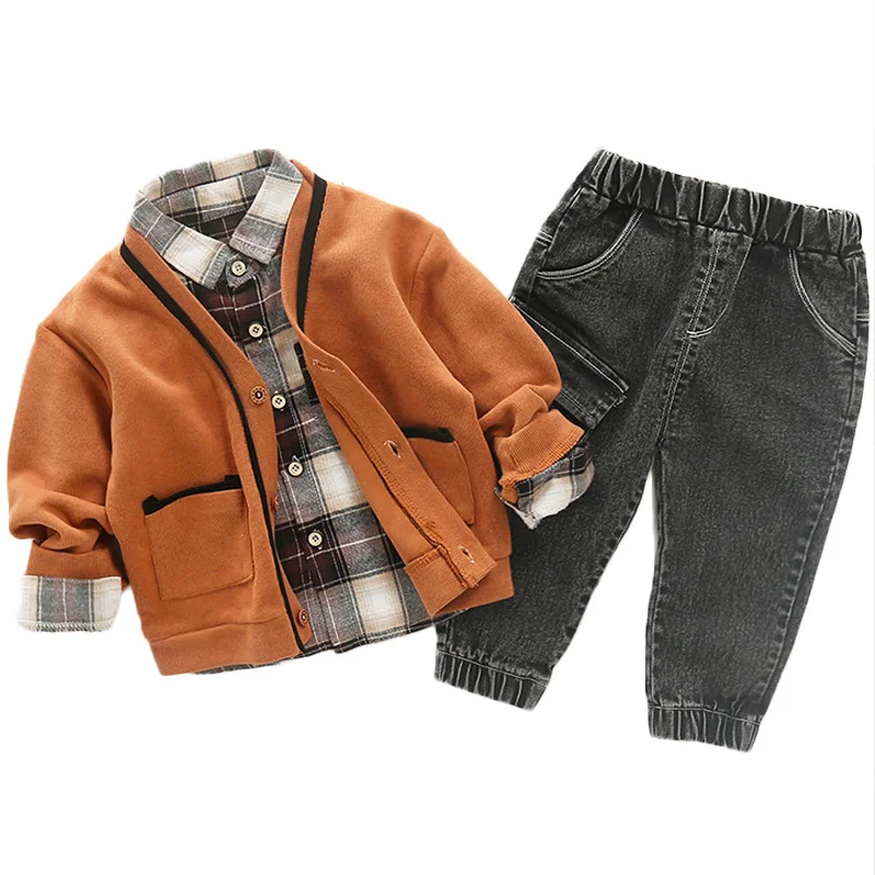 

2019 Autumn Kids Boys Clothes Sets Winter Long Sleeve Gentleman Cardigan+Plaid shirt+Pants 3pcs Outfit Suit Children Clothing