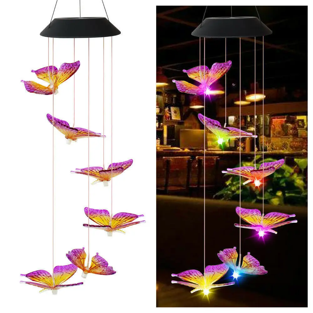 Color Changing Solar Power Wind Chime Hummingbird Angel Butterfly Waterproof Outdoor Decoration Light for Patio Yard Garden best solar light for home