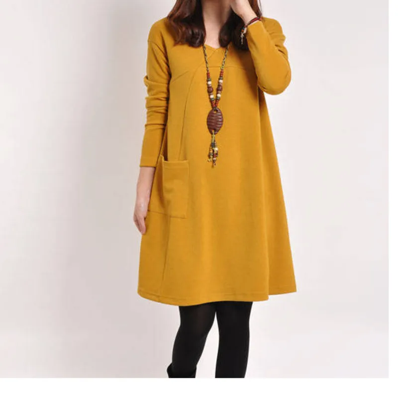 

Autumn Winter Long Sleeve Casual Dress Women Solid Color Plus Size Flared Dresses With Pocket Vestido De Festa Curto Ws*