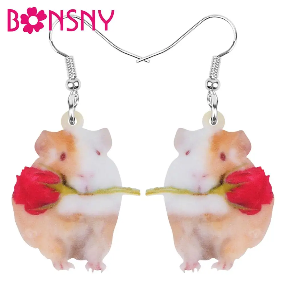 Bonsny Acrylic Valentine's Day Guinea Pig Rat Rose Earrings Animal Drop Dangle Jewelry Accessory For Women Girls Teen Charm Gift drop earrings dangle earrings animal earrings acrylic earrings