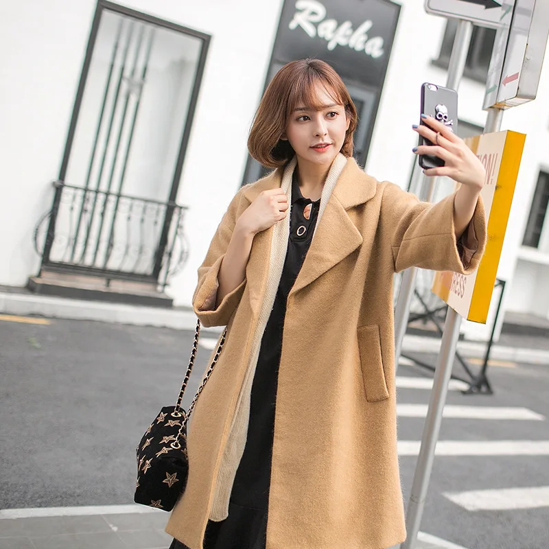 

2017 Winter New Style Korean-style Fold-down Collar Mid-length Thick-Shaped Wool Duffle Coat Women's Fashion
