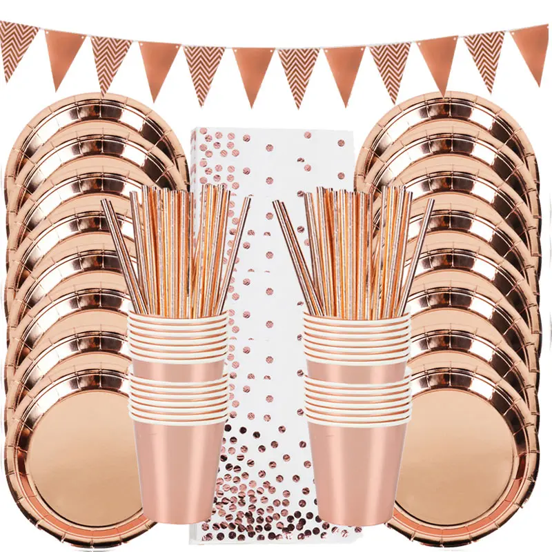 

78pcs/lot rose gold disposable tableware set cup plate banner set for birthday party decorations Baby Shower party supplies
