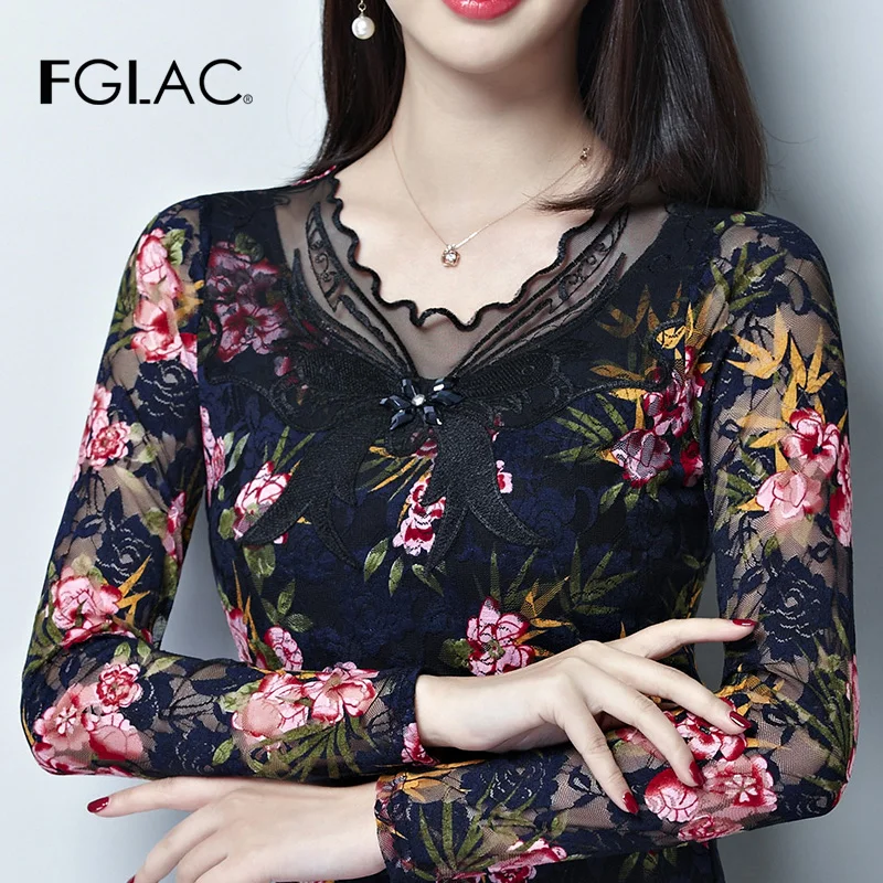 

FGLAC Women t-shirt New 2019 Autumn long sleeve lace shirt Fashion casual print mesh tops plus size 4XL