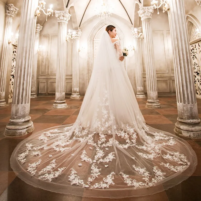 

Elegant Appliques Wedding Veil Long 2T Cathedral Bridal Veils with Comb Wedding Veil 3M Width Cover Face