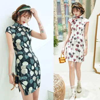 

Print Flower Women Short Slim Cheongsam Sexy High Split Chinese Traditional Dress Plus Size Rayon Qipao Vestidos