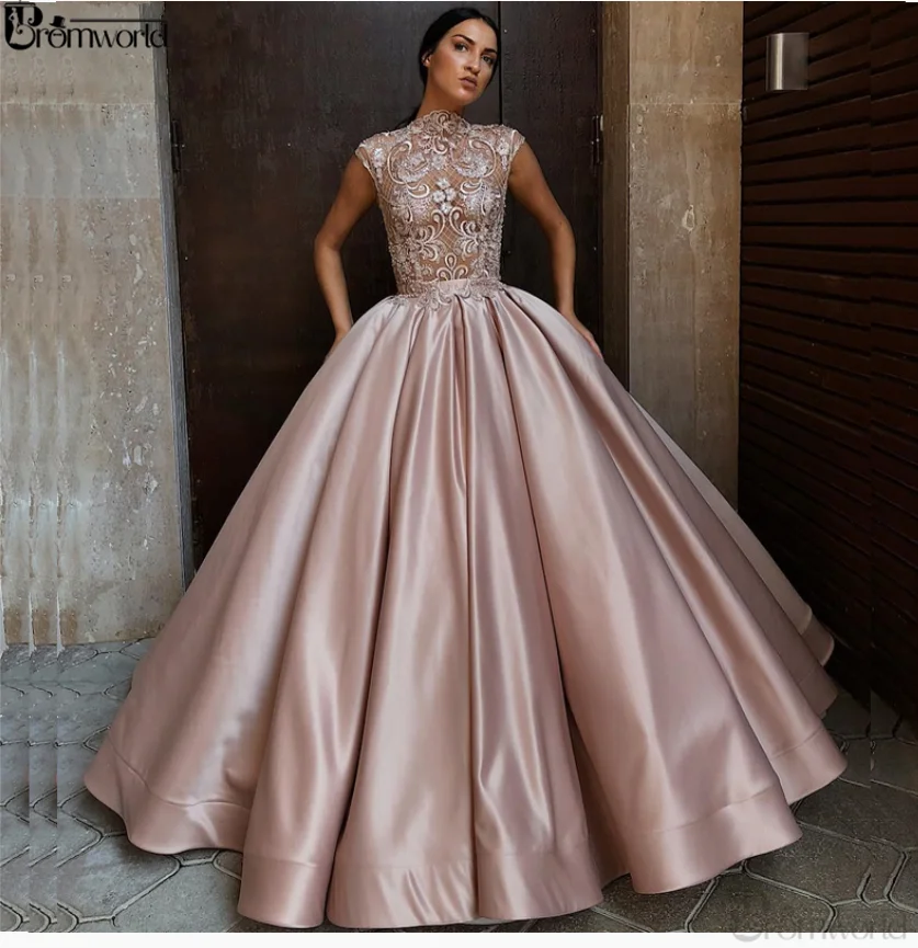 Elegante Baljurk Avondjurken 2020 Satin Jewel Hals Kant Kapmouwtjes Dusty Roze Formele Jurk Lange Avond Party Prom jassen Elegante Baljurk Avondjurken 2020 Satin Jewel Hals Kant Kapmouwtjes Dusty Roze Formele Jurk Lange Avond Party Prom jassen