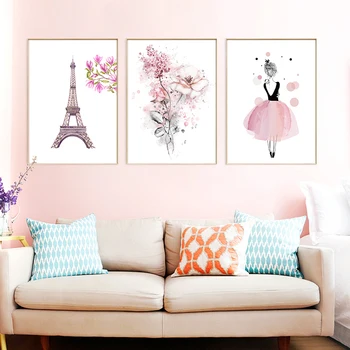 

Canvas Painting Nordic Fashion Pink Poster Art Print Paris Tower Dancing Girl Picture Flower Wall Decor Children Room Or Bedroom