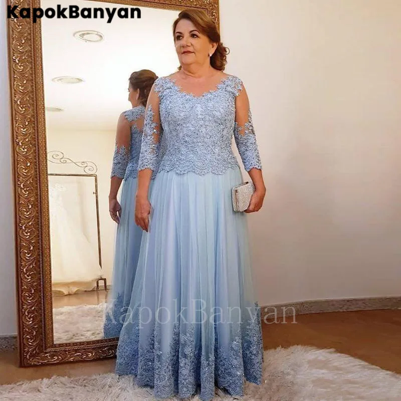 

Lace A-line Tulle Mother of the Bride Dress Illusion 3/4 Sleeves Formal Evening Party Gown