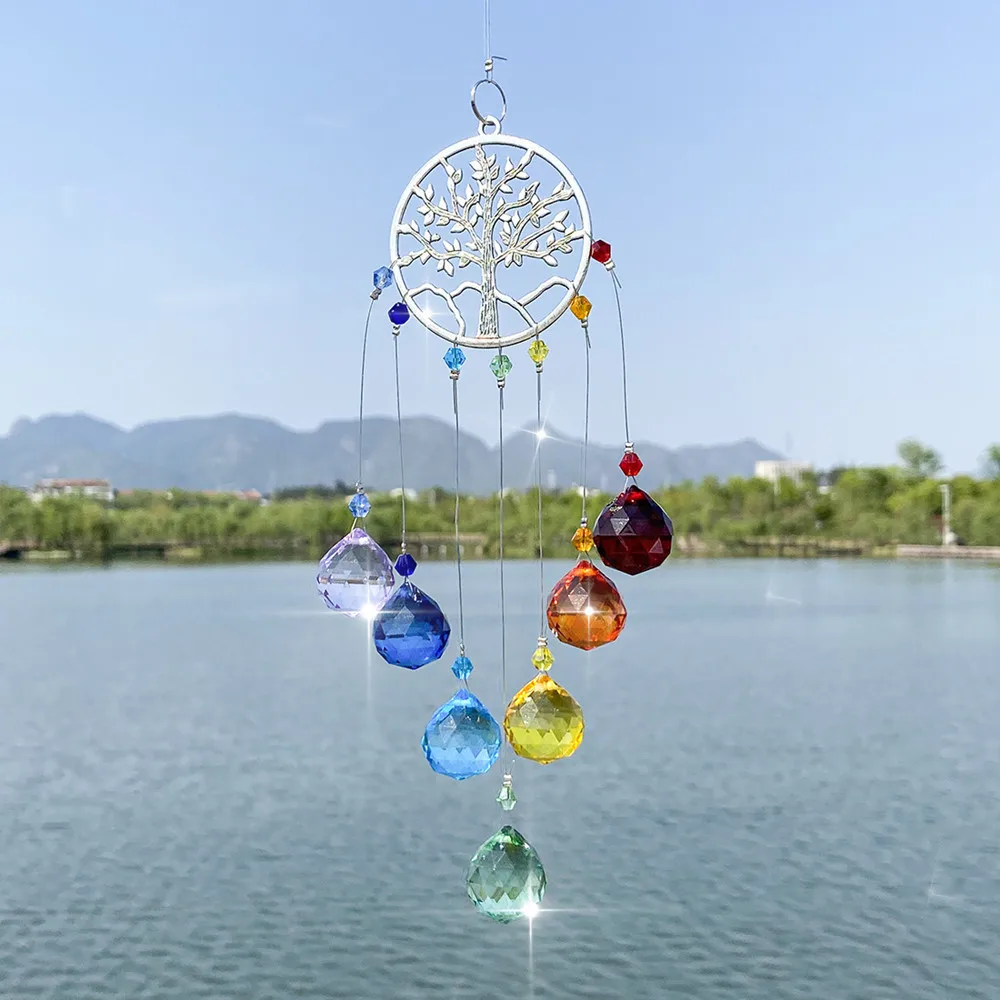 

Crystal Suncatcher Chakra Colors Balls Prism Tree of Life Window Hanging Pendant Rainbow Sun Catcher Christmas Home Decor Room D