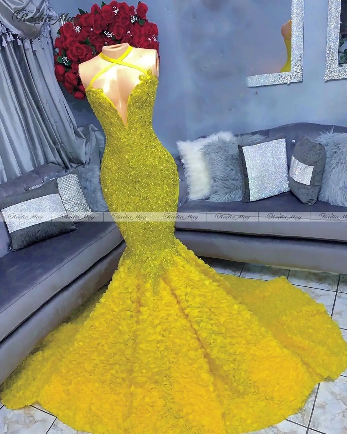 2022 Black Girl Long Mermaid Yellow Prom Dress with Sleeve Illusion