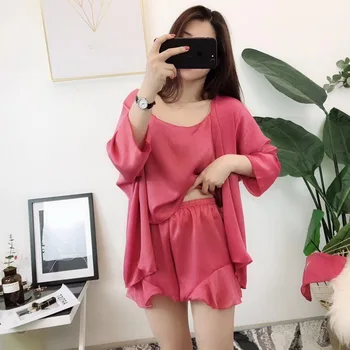 

Solid 3PCS Sleepwear Summer Women Robe Set Solid Kimono Gown Female Casual Sleep Set Casual Bathrobe Gown Suit Loose Home Wear