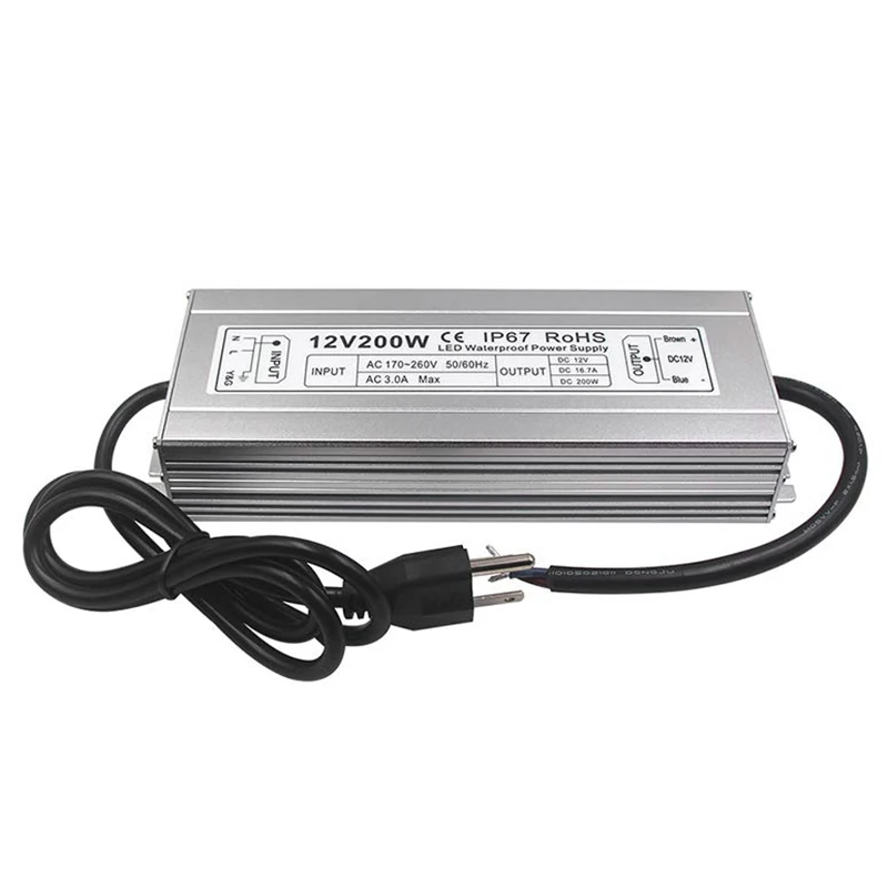 IP67 12V DC 200W Светодиодный источник питания высокой мощности Трансформатор водонепроницаемый для наружного использования США штекер