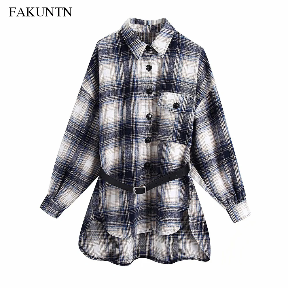 

FAKUNTN Women's Plaid Jacket Coats Autumn Fashion Winter New Casual Loose Female Coats Whit Belt Jackets Women 2020 Outerwear