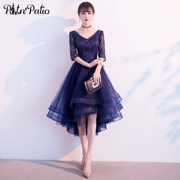 

Elegant Navy Blue High Low Prom Dresses 2020 V-neck Lace Tulle Short Front Long Back Evening Party Dresses