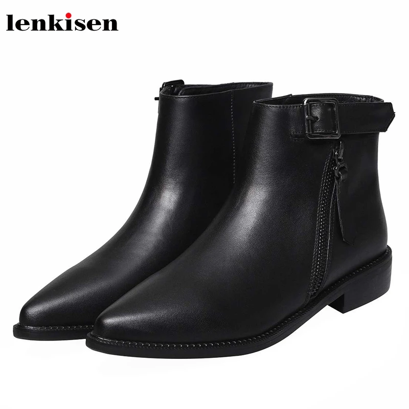 

Lenkisen chelsea boots genuine leather low heels pointed toe buckle straps handsome zipper autumn winter women ankle boots L10
