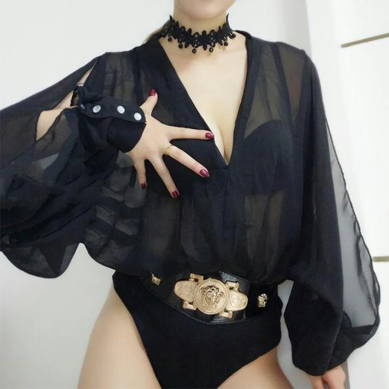 

Fashion Pole Dance Bodysuit for Women Black Chiffon Dj Ds Gogo Jumpsuit Nightclub Dancer Outfit Adult Stage Perform Wear