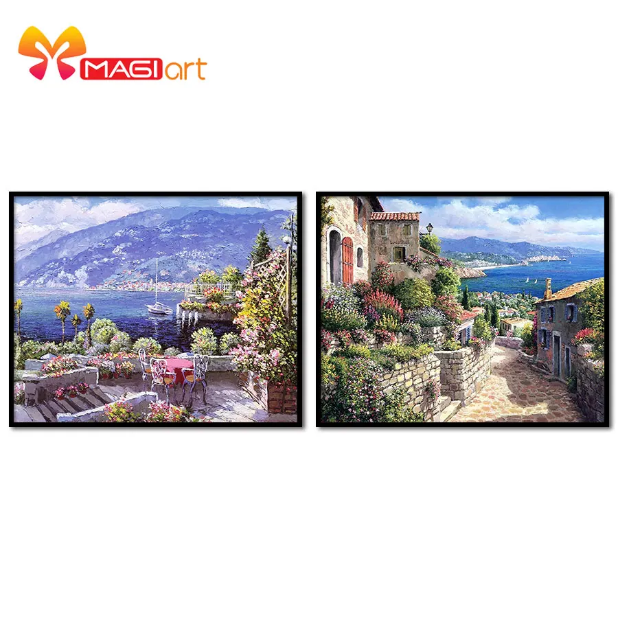 

Cross stitch kits Embroidery needlework sets 11CT water soluble canvas patterns 14CT Landscape painting Flower Town-NCMS041