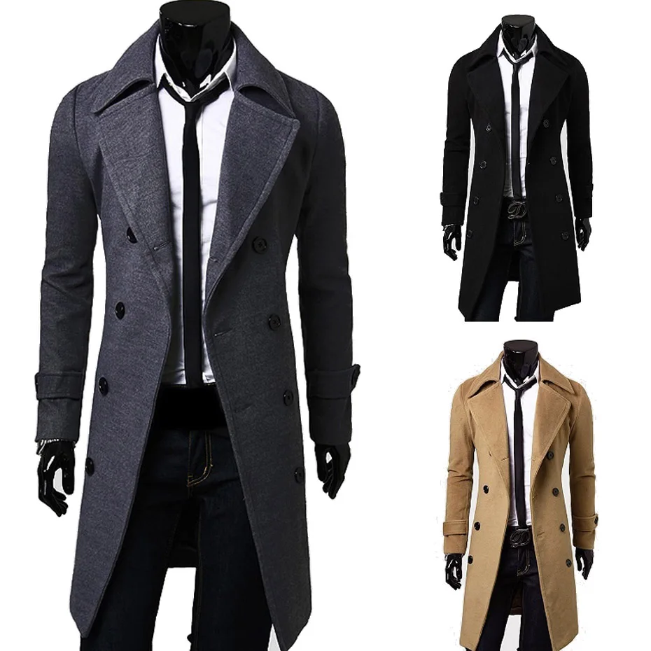 

Vogue Nice Geek Mens Wool Coat Jacket Double-breasted Mens Overcoat Long Sleeve Men Coat Winter Slim Solid Male Trench Coat
