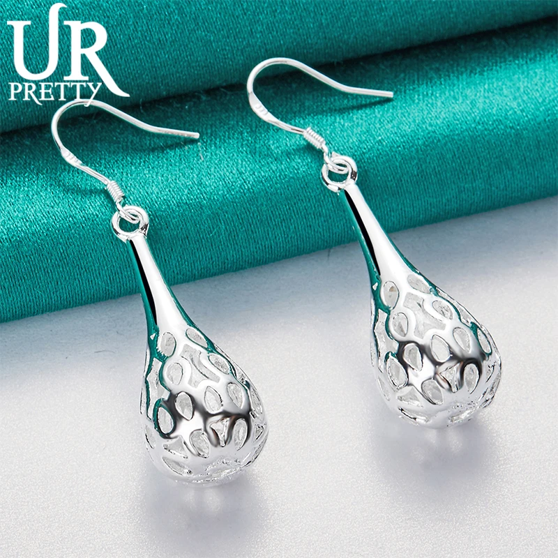 

URPRETTY New 925 Sterling Silver Hollow Carved Water Drop Drop Earring For Women Wedding Engagement Party Jewelry Gift