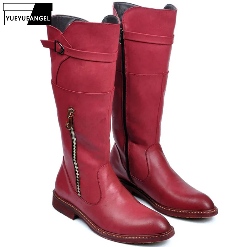 Red Black Mens High Boots Pointed Toe Casual Zipper High Top Motorcycle