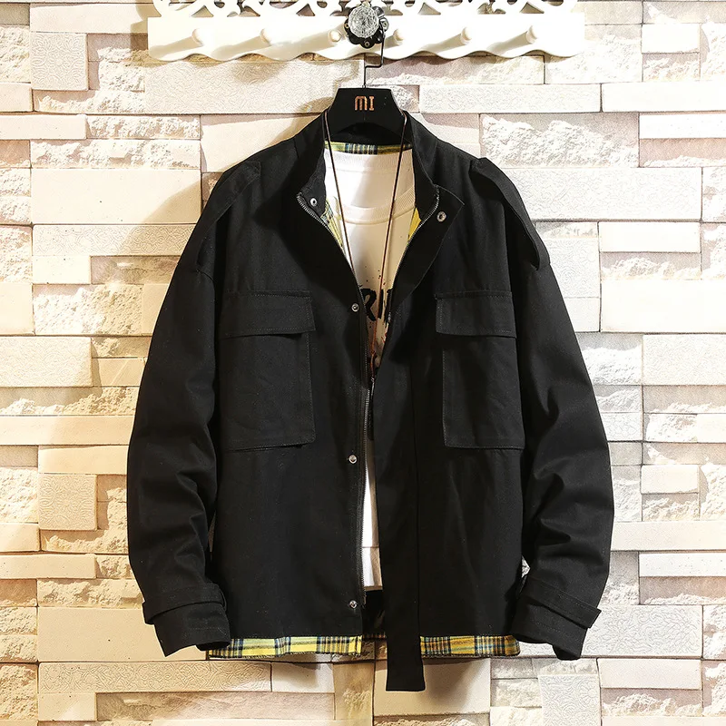 

19/Autumn Clothing New Retro Casual Men's Tooling Jacket Plaid Stitching Contrast Color Loose-Fit Coat Jk6677/P85
