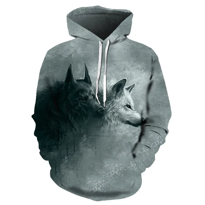 

Men and Women Wolf Head 3D Pattern Printing Fashion Casual Hooded Pocket Sweater Elastic Loose Gym Training Sports Pullover